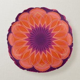Orange och Lila blommigt Kaleidoskop Rund Kudde