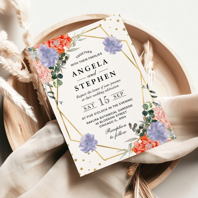 Orange och Lila blommor Guld Ram i Bröllop i Inbjudningar (Skapare uppladdad)