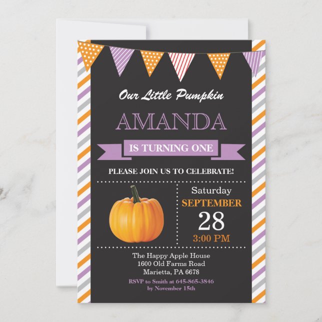 Orange och Lila för flickpumpkin-födelsedagsinbjud Inbjudningar (Framsida)