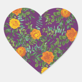 Orange och Lila Plum Peony & Ro Blommigt Bröllop Hjärtformat Klistermärke