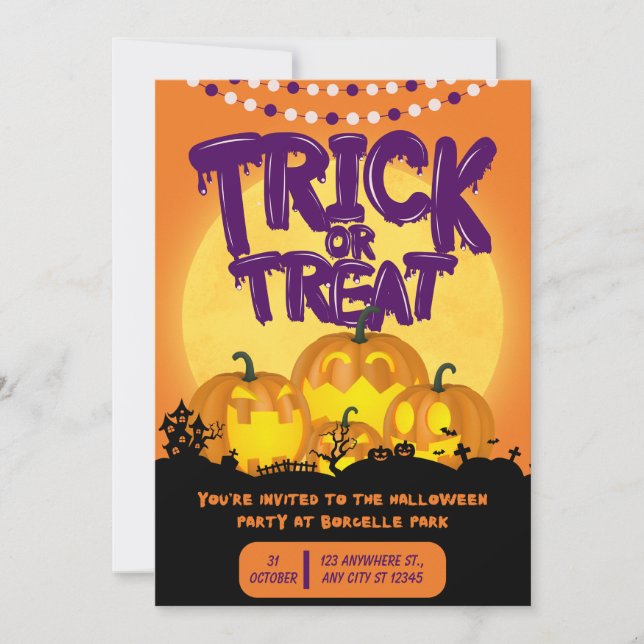 Orange och lila spöklik Halloweenfest  Inbjudningar (Framsida)