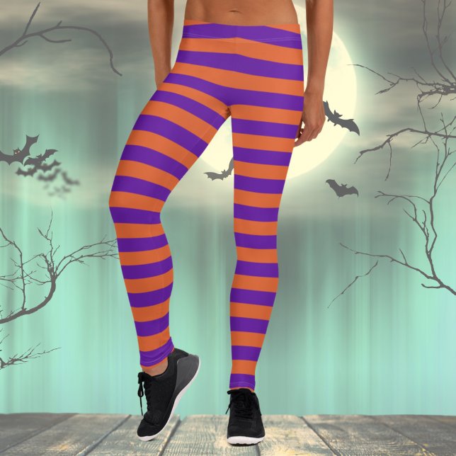 Orange och lila strimlad leggings (Striped Halloween Costume Leggings for Women, Purple and Orange festive pants, Witch costume)