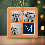 Orange och marin instagram Photo Collage Monogram Julgransprydnad Keramik<br><div class="desc">Vibranta orangar och mörk blått - Använda 3-kvadratfoton som skapar en unik och personlig gåva. Eller så kan du behålla hipstervalpen och göra ett trendig till keepy. Om du behöver justera bilder klickar du på verktyg för att anpassa ändringar.</div>