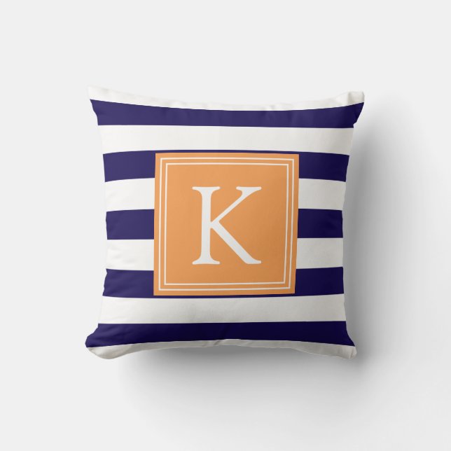 Orange och marin monogram stripe | DEKORATIV KUDDE (Framsida)