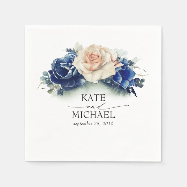 Orange och marinblå Blommigten Bröllop Pappersservett (Framsidan)