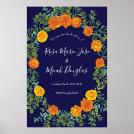 Orange och marinblå Peony & Ro Blommigt Bröllop Poster