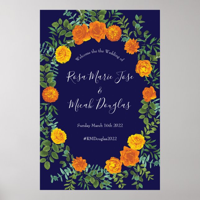 Orange och marinblå Peony & Ro Blommigt Bröllop Poster (Framsidan)