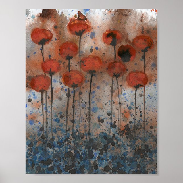 Orange- och marinpoppies, vattenfärgsblommor poster (Framsidan)