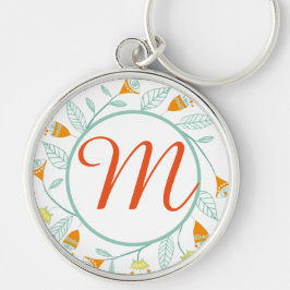 Orange och Mint Blommigt Garland Folk Art Rund Silverfärgad Nyckelring