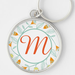 Orange och Mint Blommigt Garland Folk Art Rund Silverfärgad Nyckelring