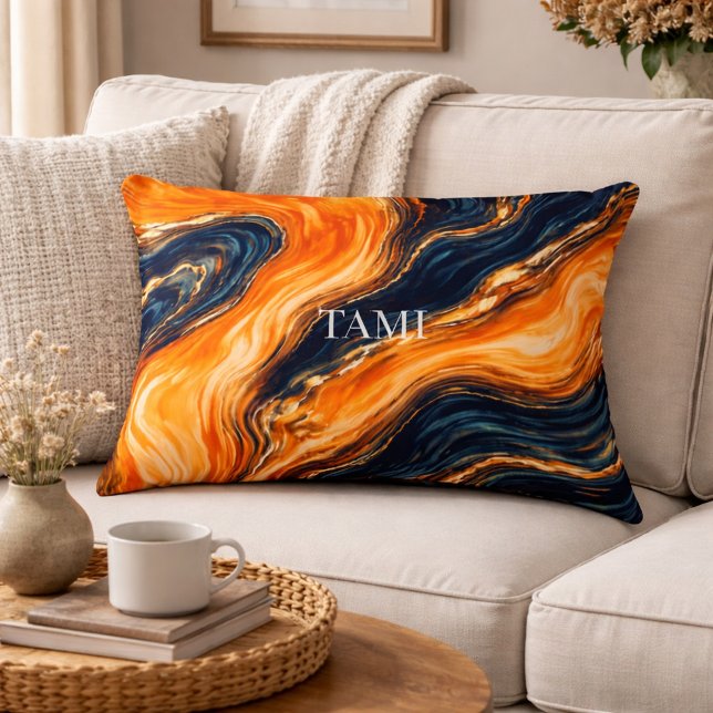 Orange och Navy Marble Abstrakt Namn Prydnadskudde (Skapare uppladdad)