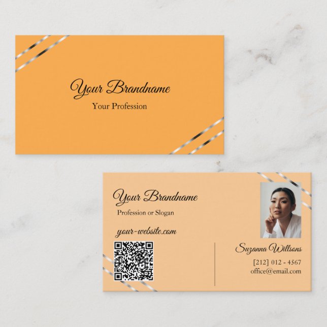 Orange och persika med silverlinjer Foto QR-kod Visitkort (Fram/baksida)