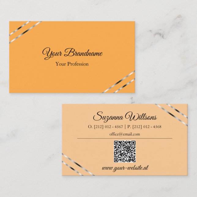 Orange och persika med silverlinjer QR-kod Elegant Visitkort (Fram/baksida)