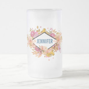 Orange och Rosa Blommigt Bouquet med Diamond Ram Frostat Ölglas