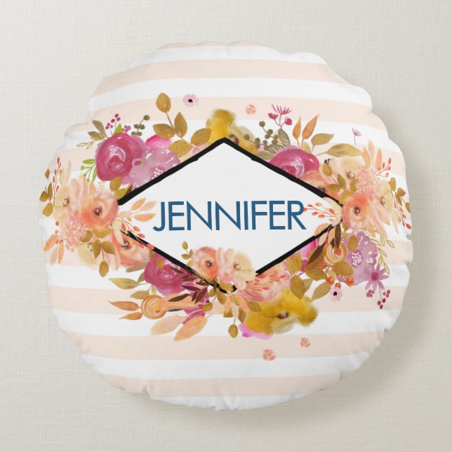 Orange och Rosa Blommigt Bouquet med Diamond Ram Rund Kudde (Framsidan)