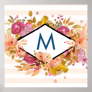 Orange och Rosa Blommigt Bouquet Monogram Poster