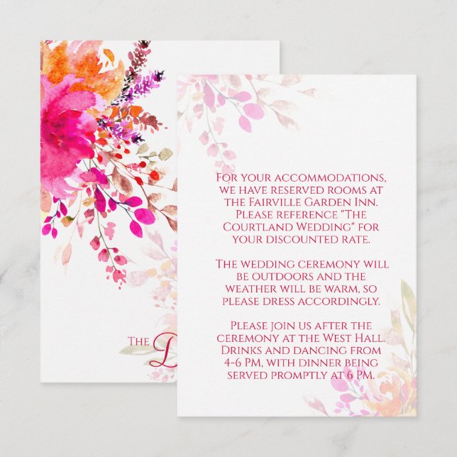 Orange och Rosa Blommigt Vattenfärgsblommor Bröllo Tilläggskort (Fram/baksida)
