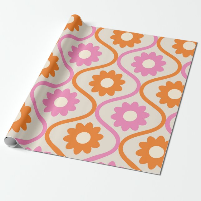 Orange och rosa blommor på retro ogee-mönster  presentpapper (Utrullad)