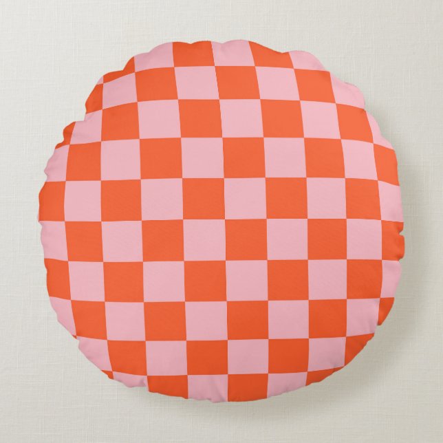 Orange och Rosa Checkboard Mönster Rund Kudde (Framsidan)