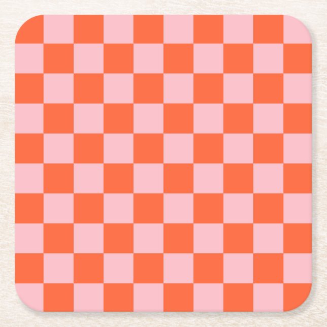 Orange och Rosa Checkboard Mönster Underlägg Papper Kvadrat (Framsidan)