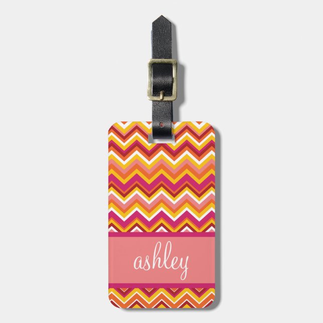 Orange och Rosa Chevron Mönster med Monogram Bagagebricka (Vertikal Framsida)