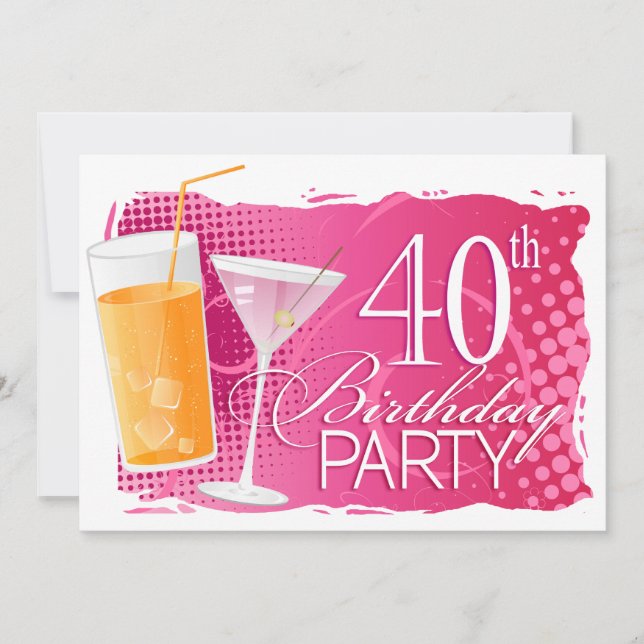 Orange och Rosa Cocktail 40-års Födelsedagsfest Inbjudningar (Framsida)