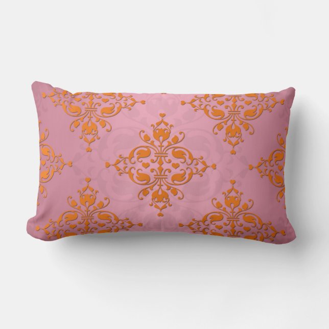 Orange och rosa damastmönster lumbarkudde (Framsida)