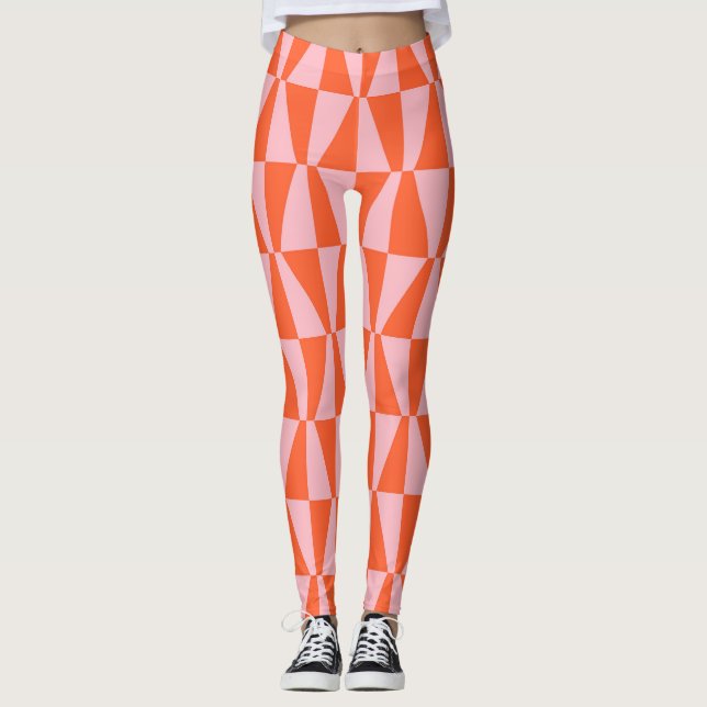Orange och Rosa Geometric Checkerboard Mönster Leggings (Framsida)