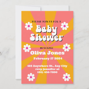 Orange och Rosa Groovy Retro Baby Shower Spara Datumet