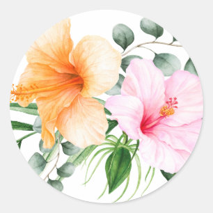 Orange och Rosa Hibiscus Tropiska Blommigt Runt Klistermärke