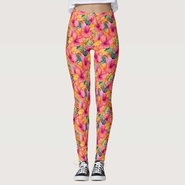 Orange och rosa hibiskusblomma med gröna blad leggings (Framsida)