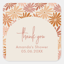 Orange och Rosa Retro Blommigt Groovy Baby Shower Fyrkantigt Klistermärke