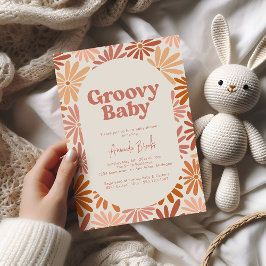 Orange och Rosa Retro Blommigt Groovy Baby Shower Inbjudningar