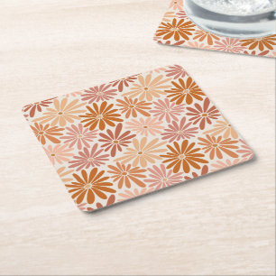 Orange och Rosa Retro Blommigt Groovy Underlägg Papper Kvadrat
