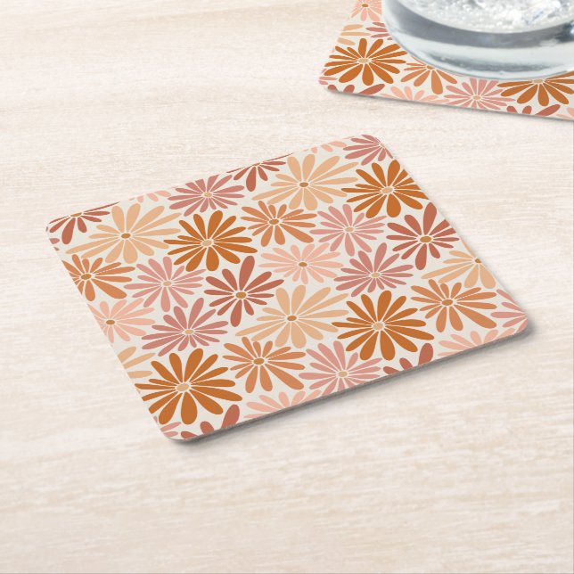 Orange och Rosa Retro Blommigt Groovy Underlägg Papper Kvadrat (Vinklad)