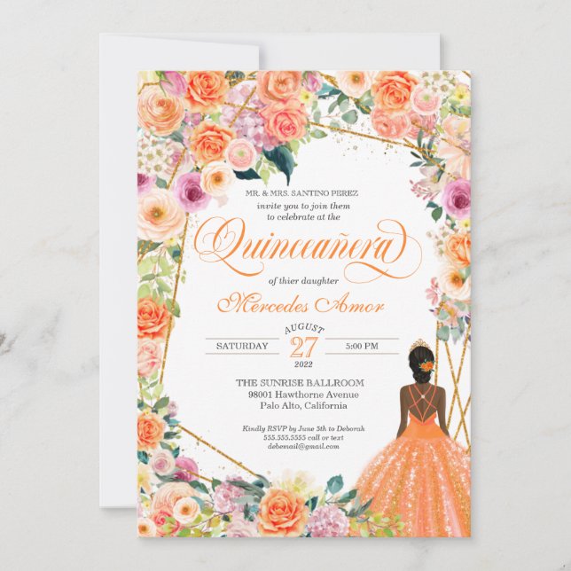 Orange och Rosa ros Peach Blommigt Quinceanera Inbjudningar (Framsida)