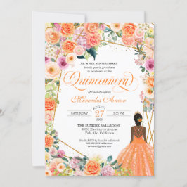 Orange och Rosa ros Peach Blommigt Quinceanera Inbjudningar