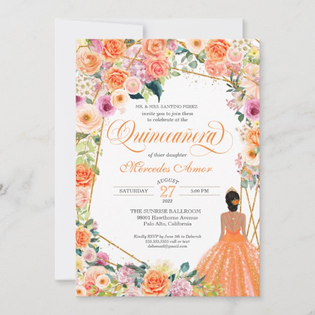 Orange och Rosa ros Peach Blommigt Quinceanera Inv Inbjudningar (Framsida)