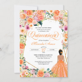 Orange och Rosa ros Peach Blommigt Quinceanera Inv Inbjudningar