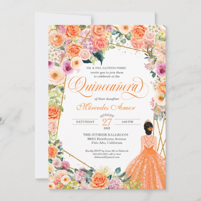 Orange och Rosa ros SommarBlommigt Quinceanera Inbjudningar (Framsida)