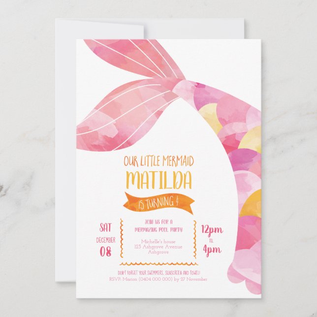 Orange och Rosa Sjöjungfru Bassäng Party födelseda Inbjudningar (Framsida)