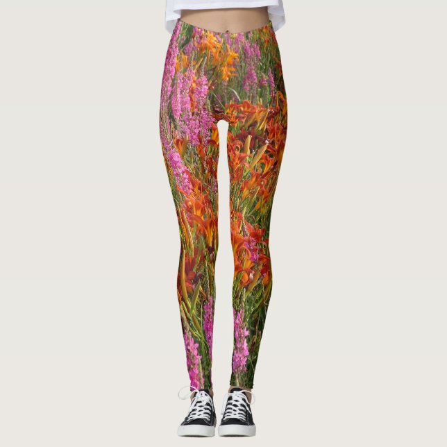 Orange och Rosa sommarblommor Leggings (Framsida)