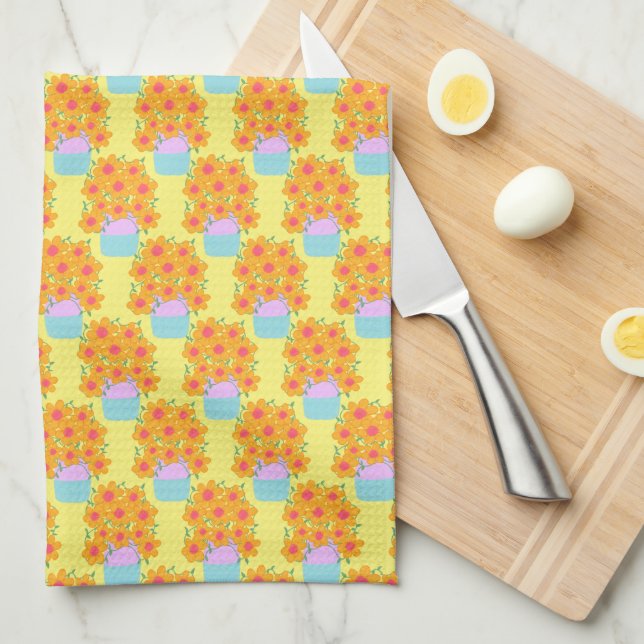 Orange och Rosa Vår blommor Kökshandduk (Vikt i Fjärdedel)
