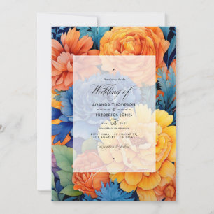 Orange och Royal Blue Blommigt Bröllop Inbjudningar