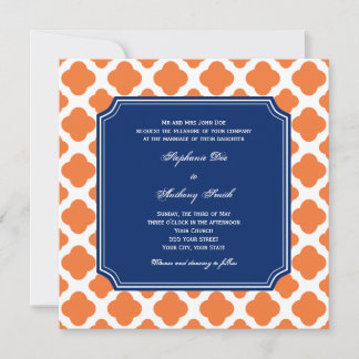 Orange och Royal Blue Quatrefoil Bröllop Inbjudningar