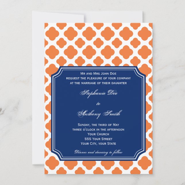 Orange och Royal Blue Quatrefoil Bröllop Inbjudningar (Framsida)