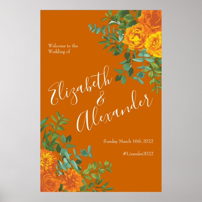 Orange och Rust Fall Peony Ro Blommigt Bröllop Poster (Framsidan)