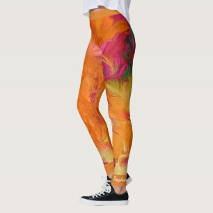 Orange- och shock rosafjädrar, personlignamn leggings