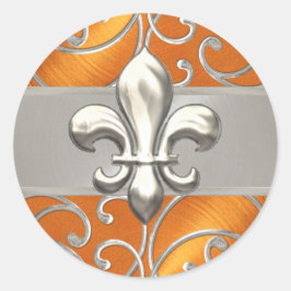 Orange och Silver Filigree Swirls Fleur de Lis Runt Klistermärke