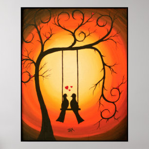 Orange och solljus med fåglar poster